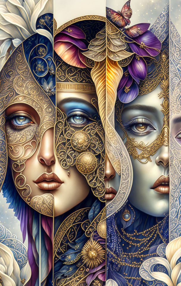 Stylized profile faces with golden masks and butterflies on celestial background