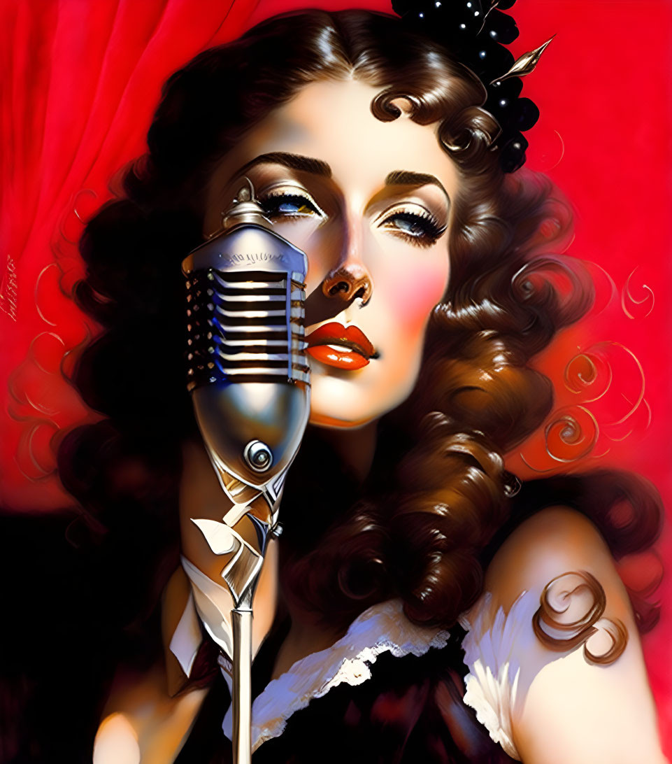 Glamorous woman with curly hair and vintage microphone on red background