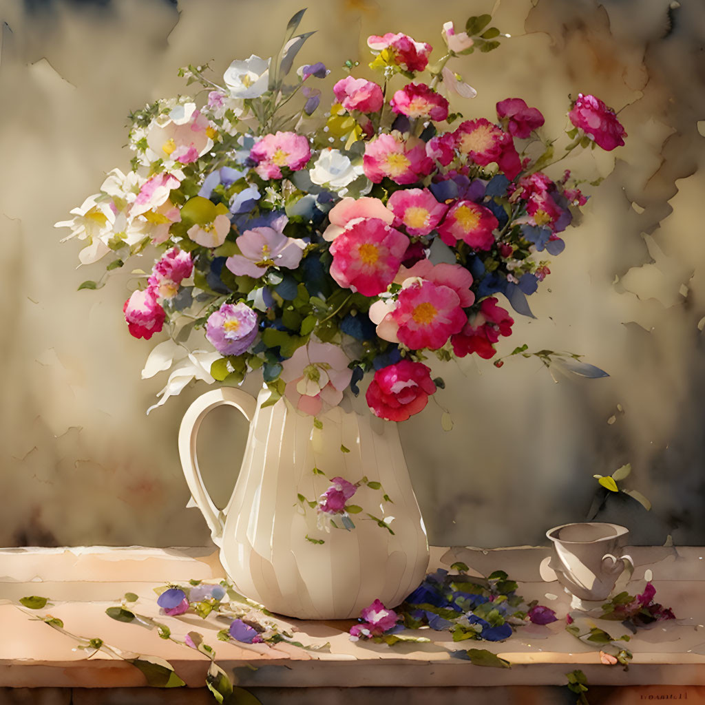 Pink and White Flower Bouquet in White Jug with Scattered Petals and Cup