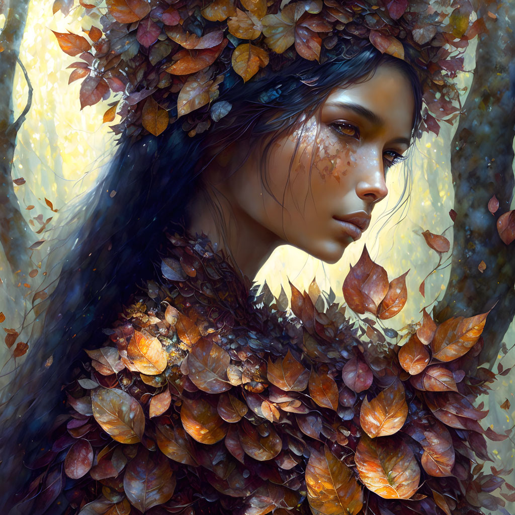 Woman portrait with autumn leaves in hair and cloak, serene expression against bokeh-light backdrop