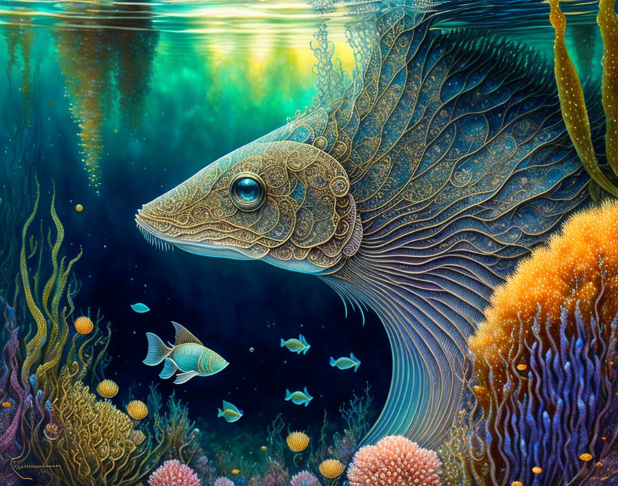 Intricately illustrated fish with lace-like patterns in vibrant underwater scene