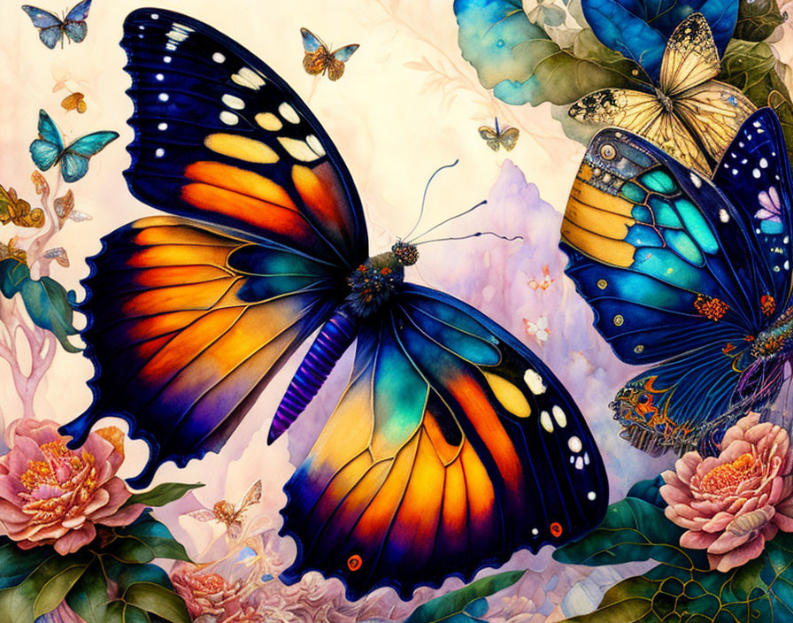 Colorful Butterflies with Intricate Wing Patterns on Pastel Flower Background