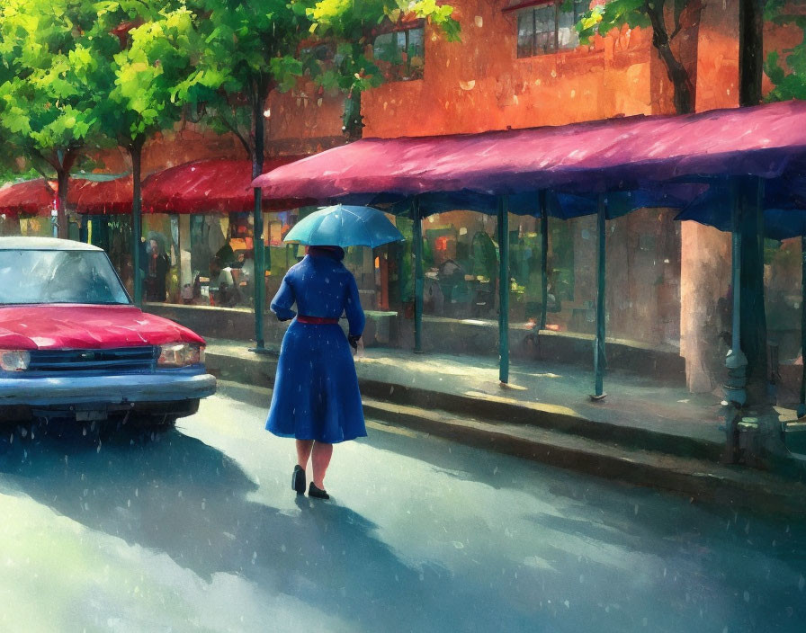 Person in blue trench coat walking down rainy street with umbrella.