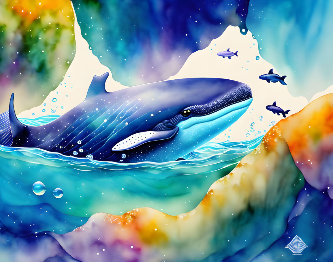 Detailed Blue Whale and Fish Illustration in Colorful Underwater Scene