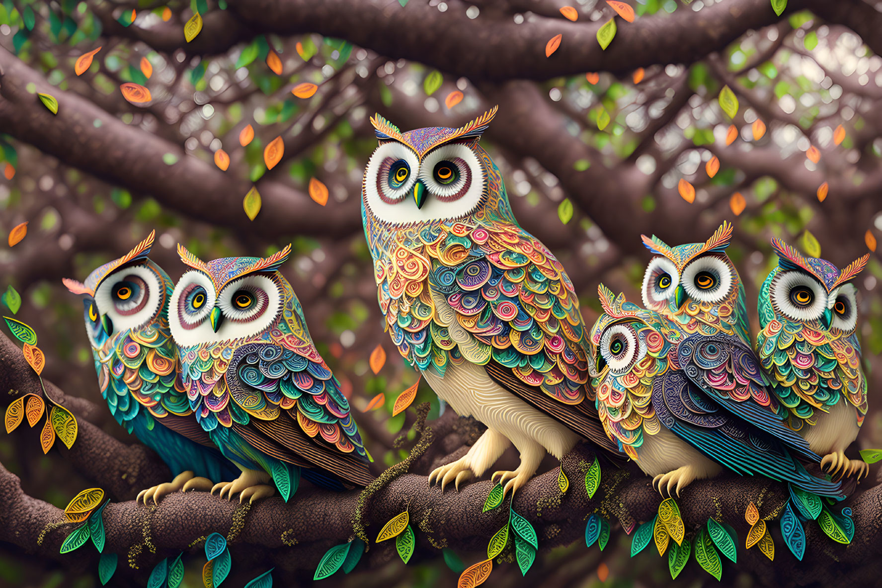 Four vibrantly colored stylized owls on whimsical tree branch with intricate patterns.