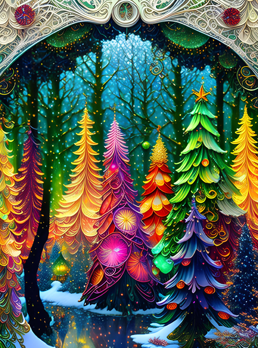 Vibrant, ornate forest scene through intricate archway