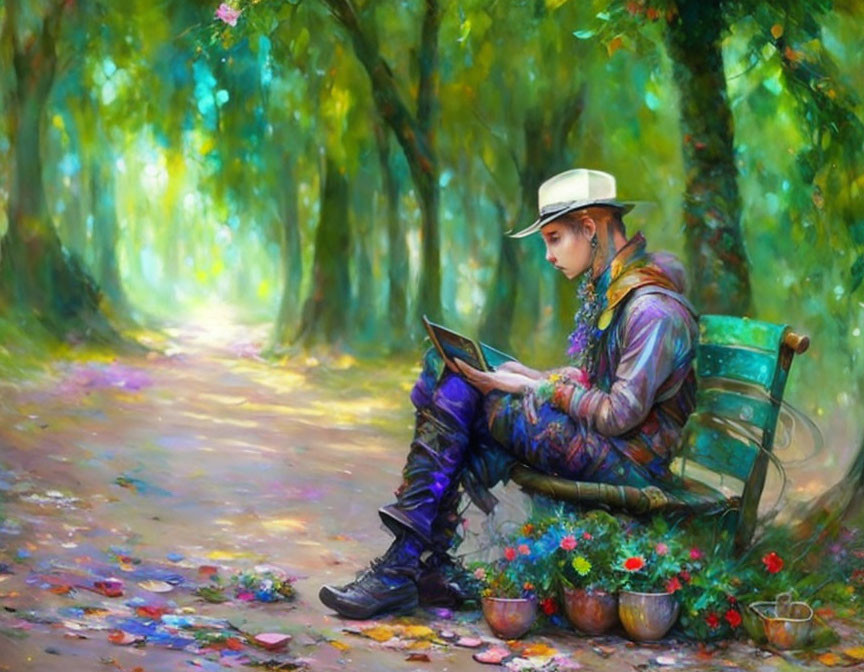 Person reading book on park bench surrounded by lush greenery and flowers