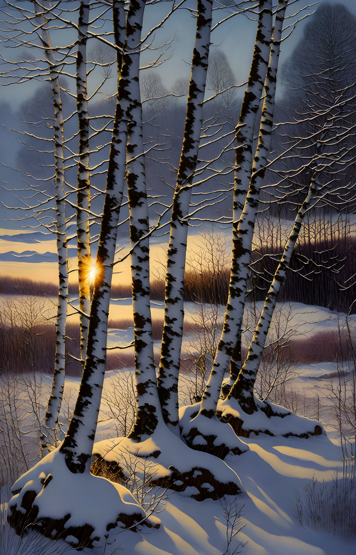 Snow-covered birch trees under warm sunset in peaceful wintry forest