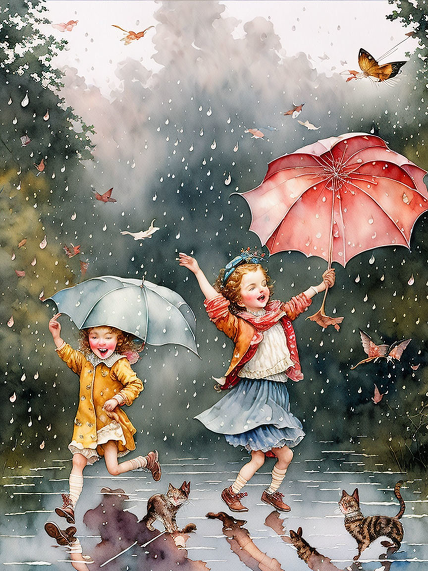 Children playing with umbrellas in rain surrounded by butterflies and cats.