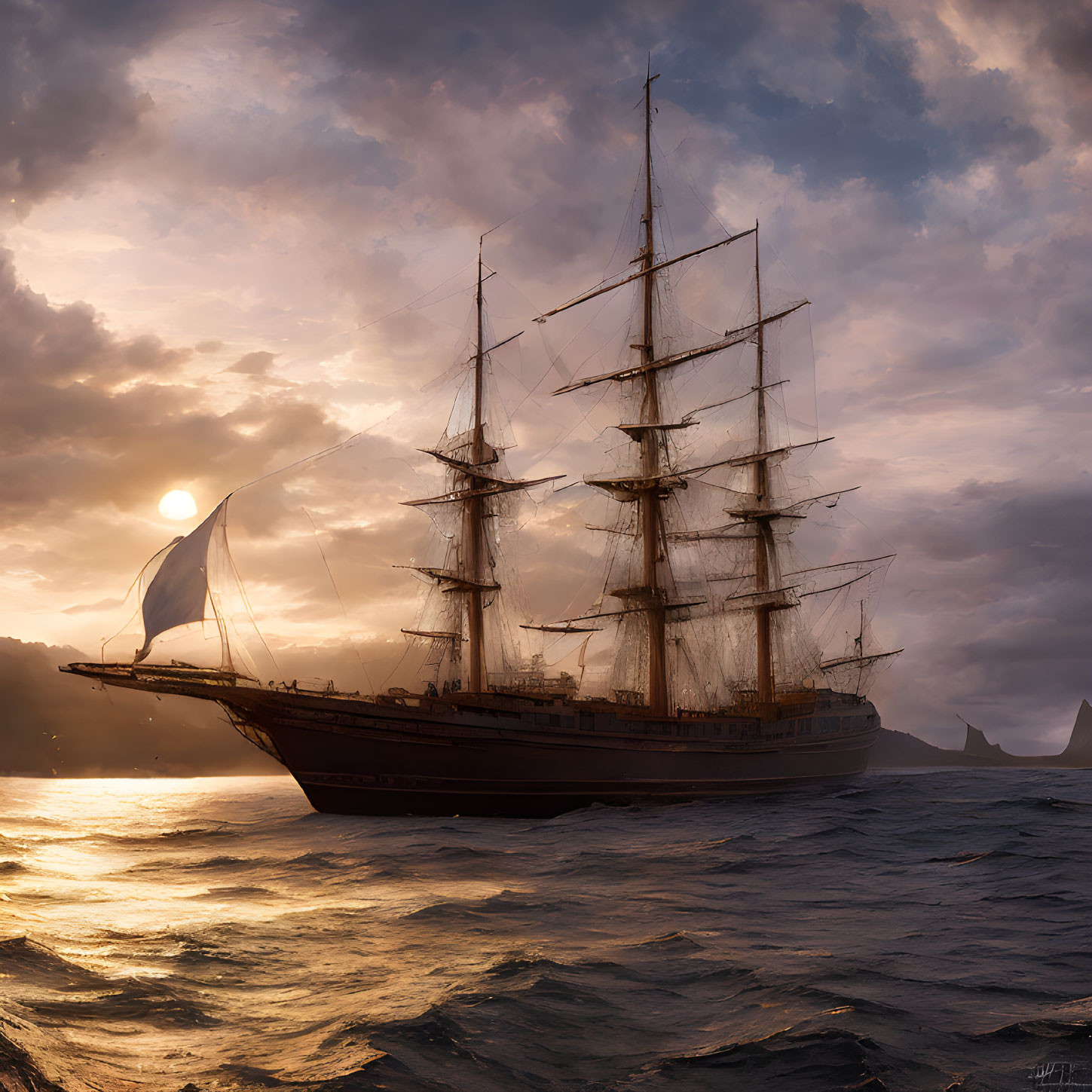 Tall ship sailing at sunset with unfurled sails and dramatic sky