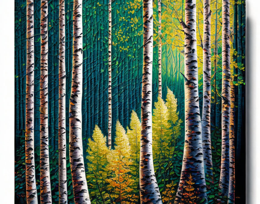 Colorful birch forest painting with white trunks and green foliage