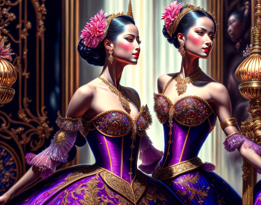 Two women in ornate purple and gold traditional dresses with intricate designs reflected in a mirror