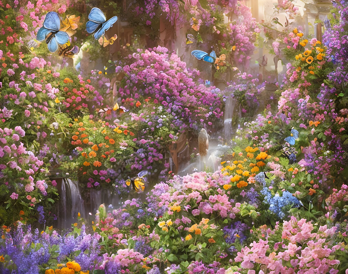 Colorful Flower Garden with Waterfalls and Butterflies in Sunlit Setting