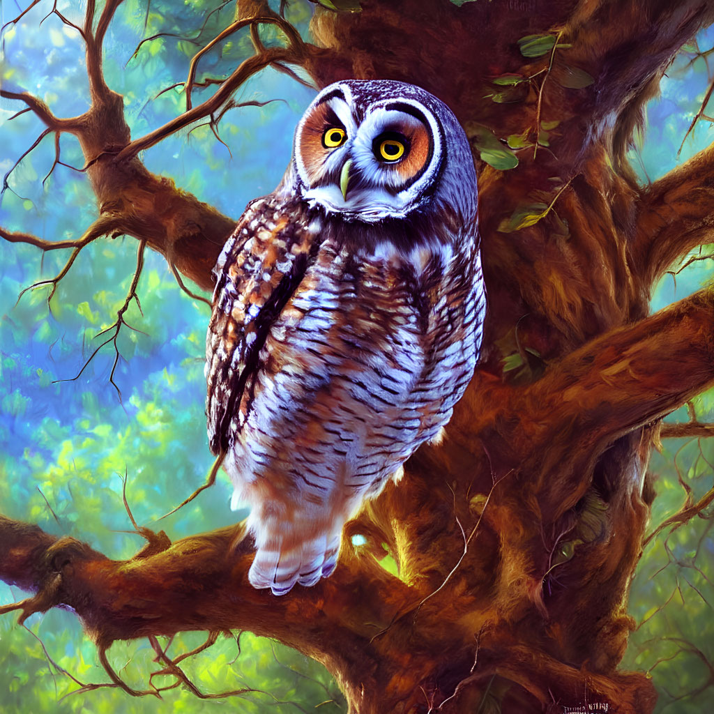 Brown and White Owl with Yellow Eyes Perched in Colorful Forest