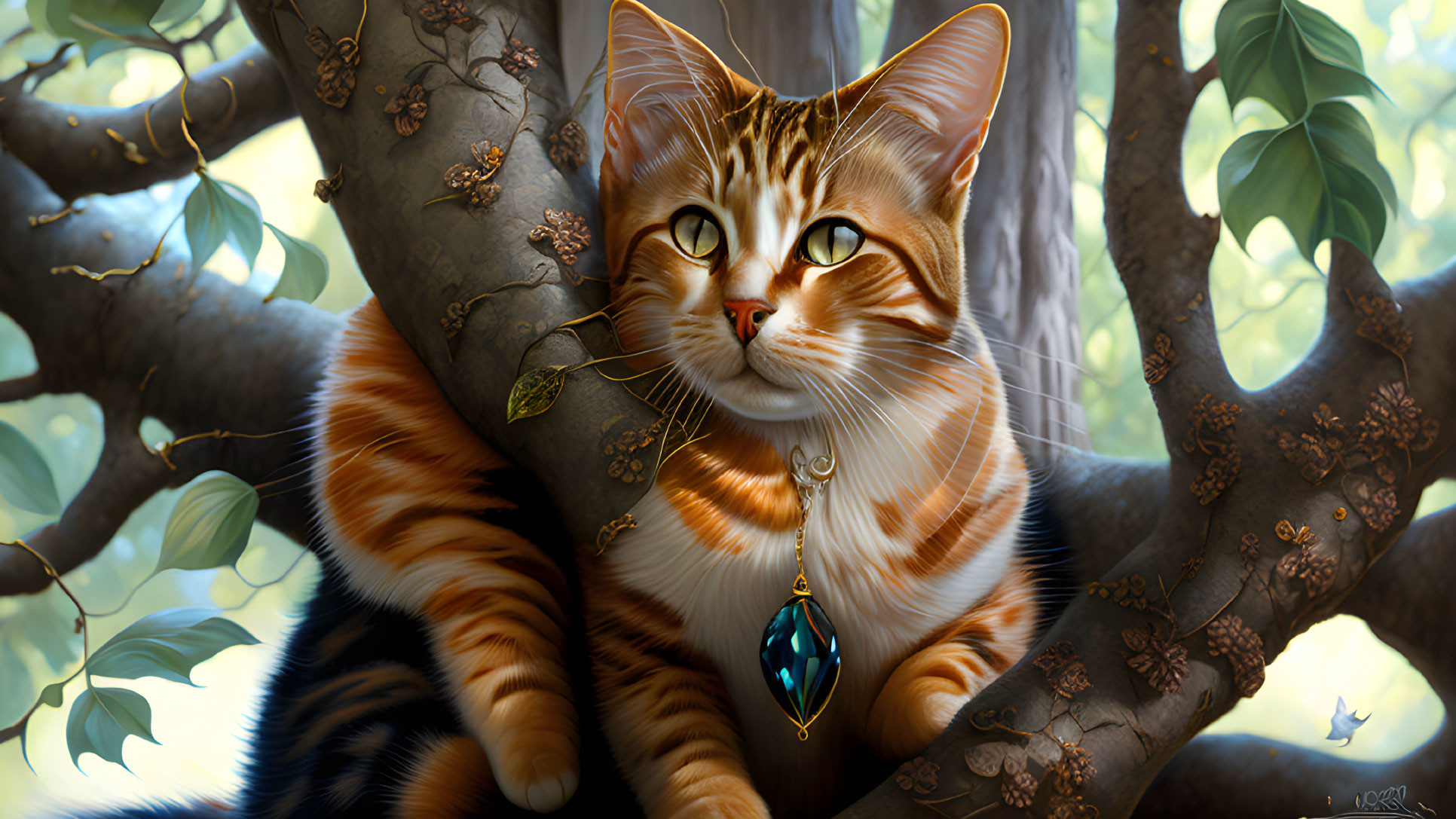 Realistic illustration of majestic orange tabby cat with amber eyes and gem pendant in tree.