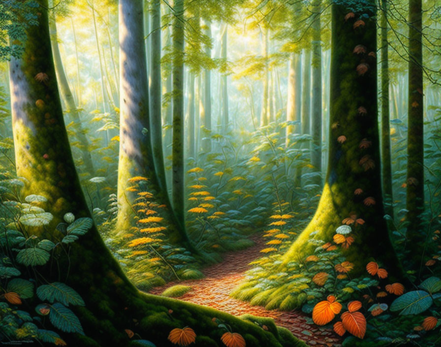 Sunlit mystical forest path with lush greenery and fallen leaves