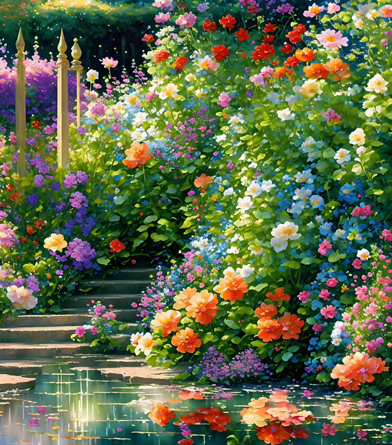 Colorful Flower Garden with Stone Steps and Serene Pond