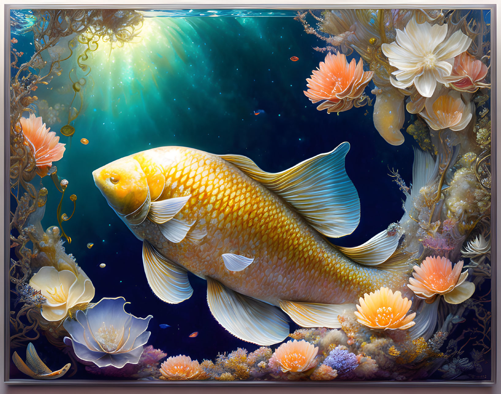 Colorful Digital Artwork: Golden Fish Among Colorful Sea Flora