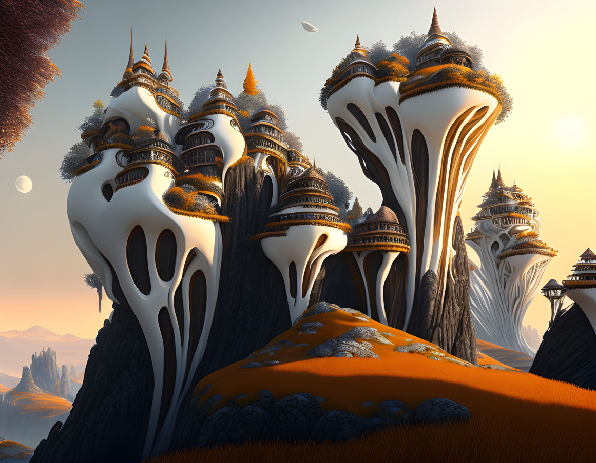 Fantasy landscape with towering mushroom-like structures and intricate buildings in autumn setting