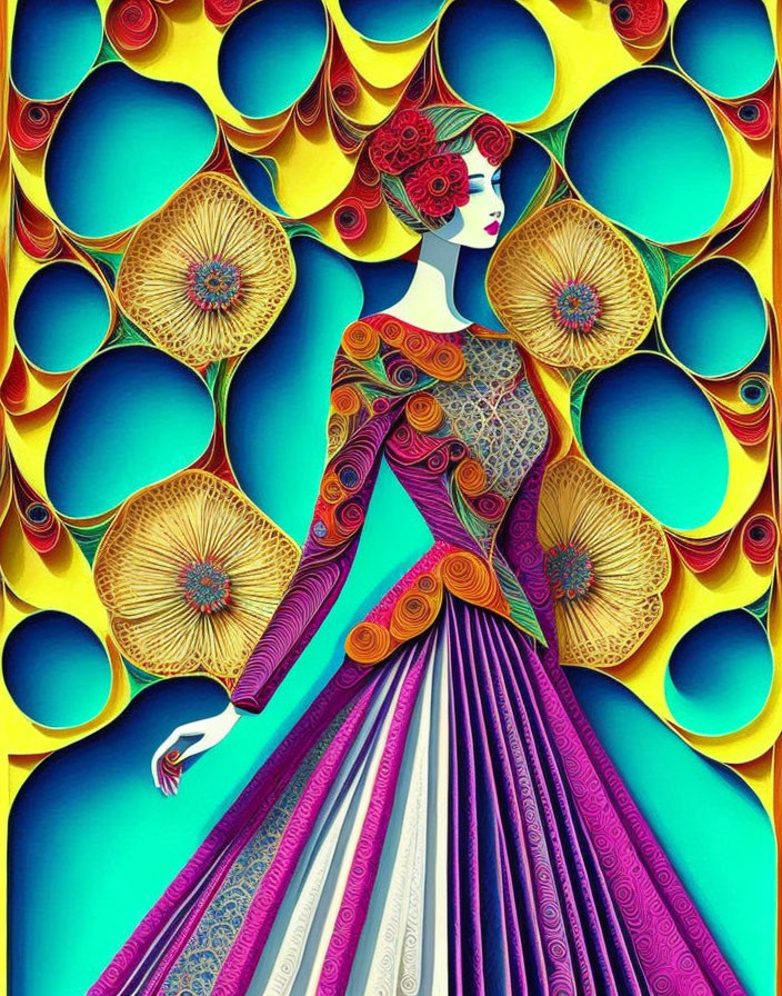 Colorful digital artwork: stylized woman with intricate headwear and patterned dress on geometric and floral