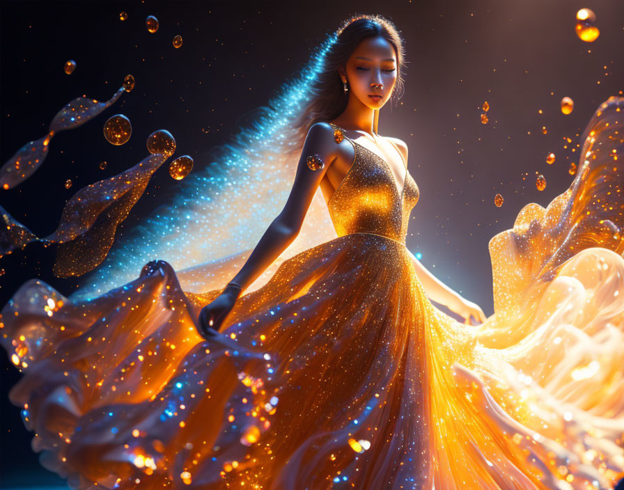 Woman in Sparkling Golden Dress Amid Luminous Particles