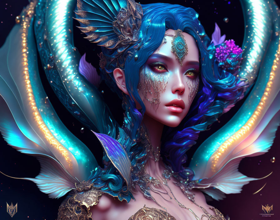 Fantasy artwork: Female figure with blue skin, gold adornments, bird features, glowing tentacles