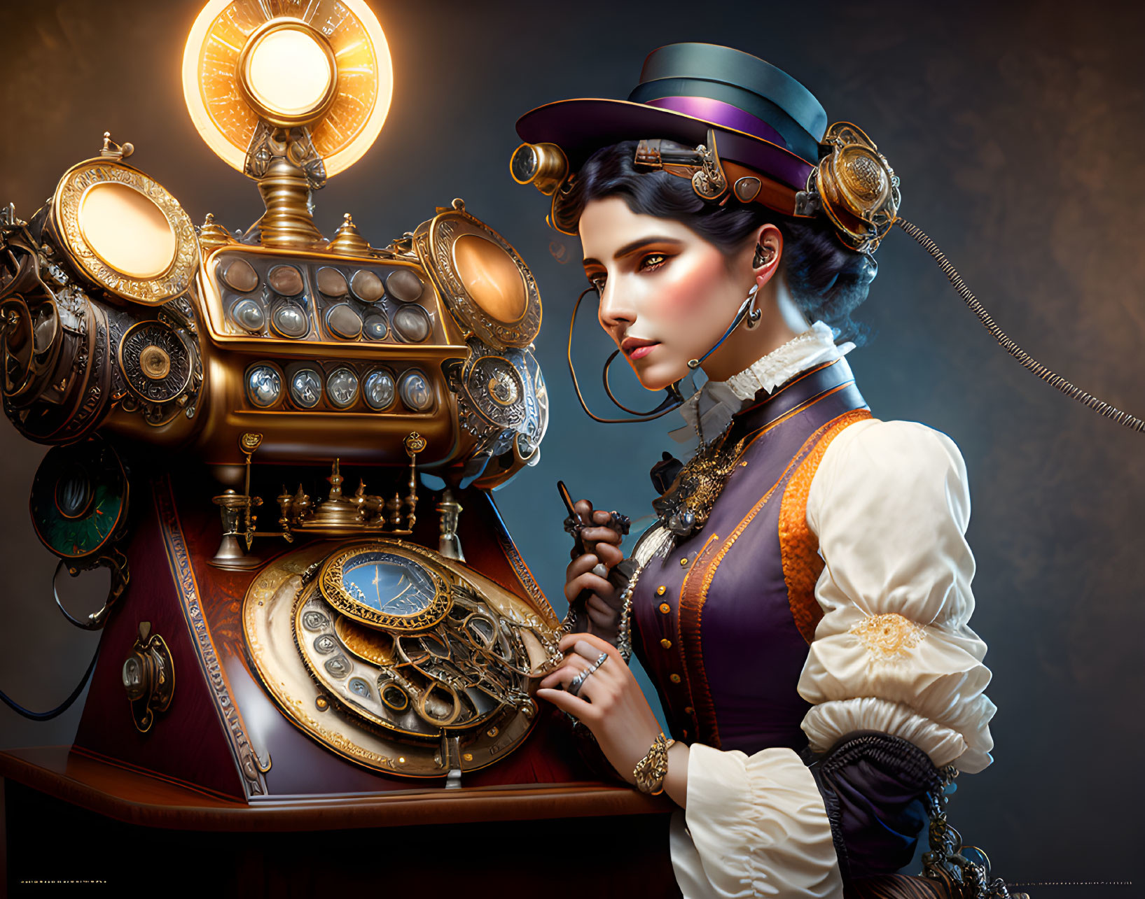 Victorian woman with steampunk apparatus and glowing orb.