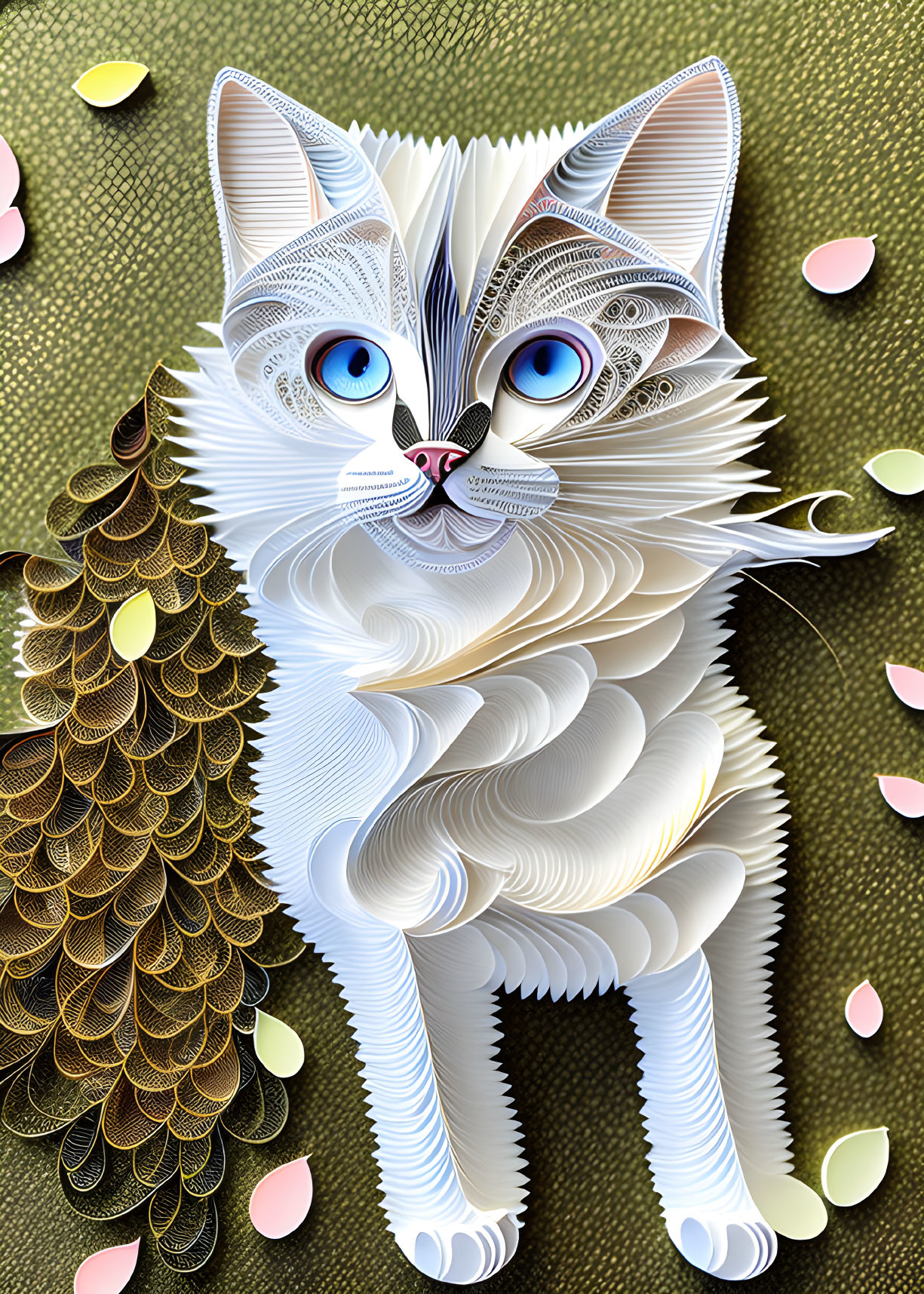 Detailed Paper Art White Cat Illustration with Blue Eyes