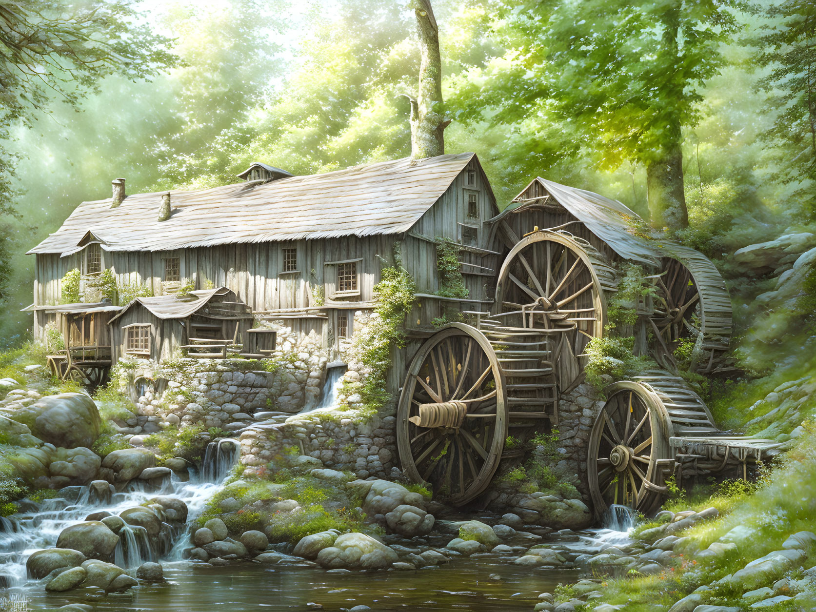 Old Watermill Surrounded by Forest, Water Wheels, and Babbling Brook