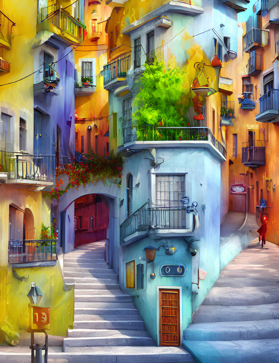 Vibrant Mediterranean scene: Colorful buildings with balconies and greenery under sunny sky