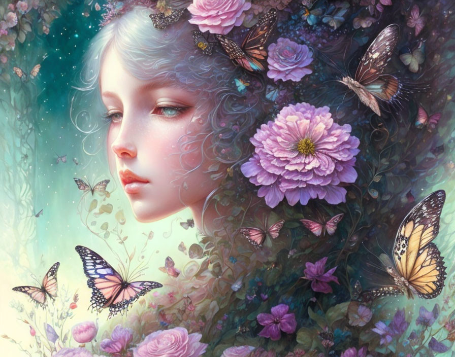 Surreal illustration: Woman's face in garden with flowers & butterflies