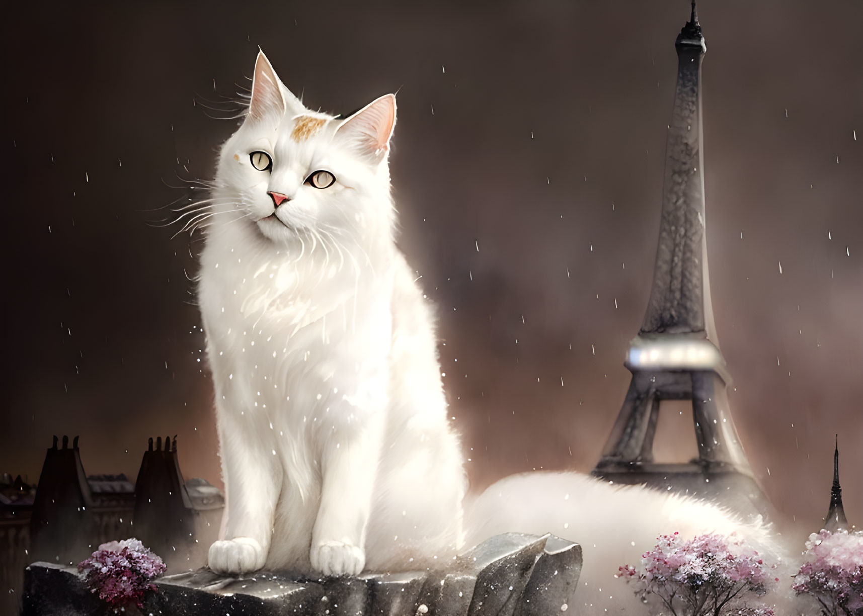 White cat with amber eyes on stone pedestal by Eiffel Tower and cherry blossoms in rain