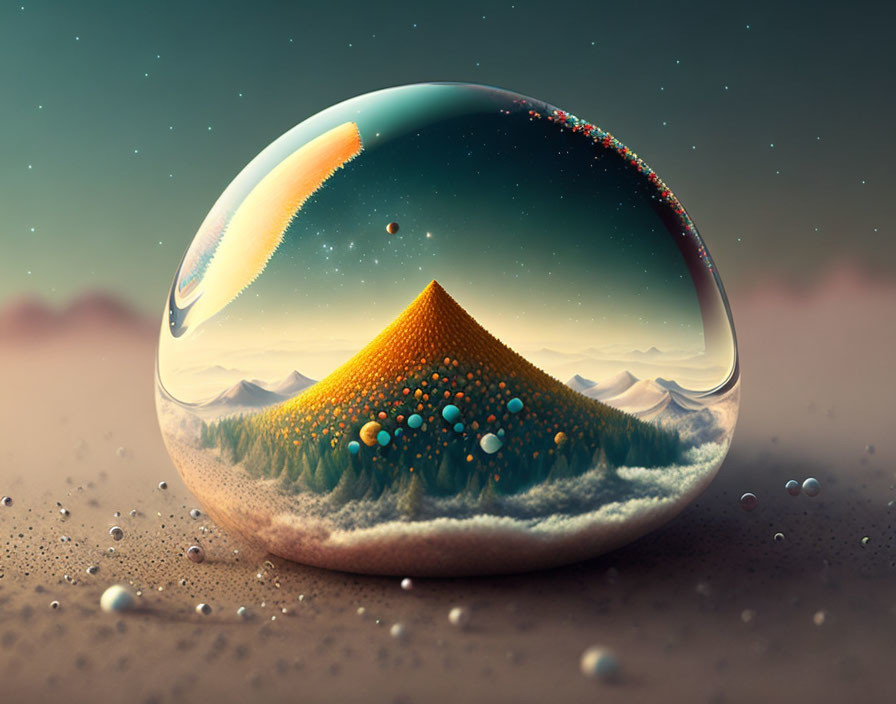 Colorful miniature mountain range in transparent bubble with cosmic sky