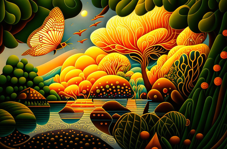 Colorful Stylized Artwork: Whimsical Landscape with Trees, Hills, Butterfly