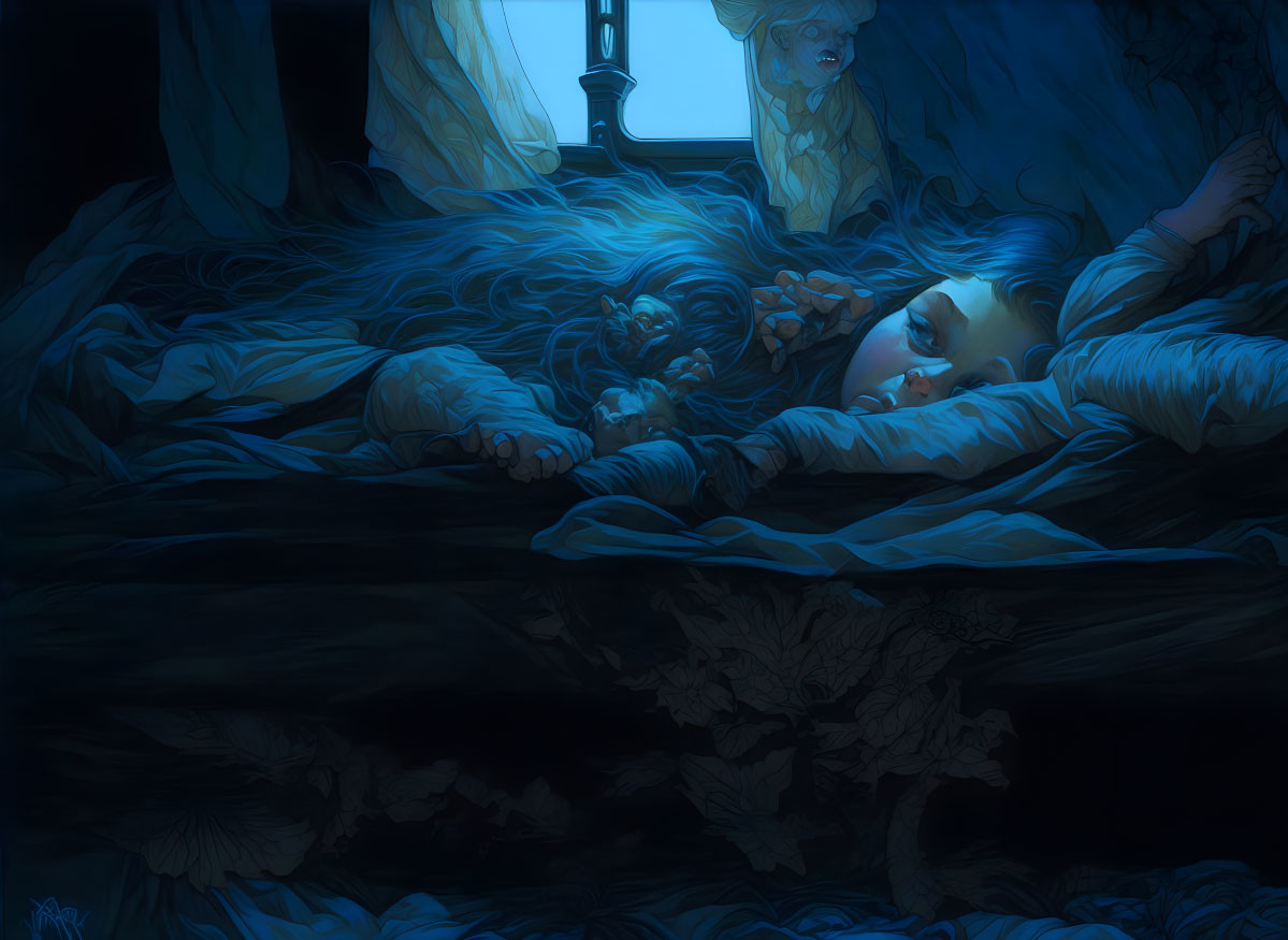 Woman sleeping in blue room with ghostly figure watching her