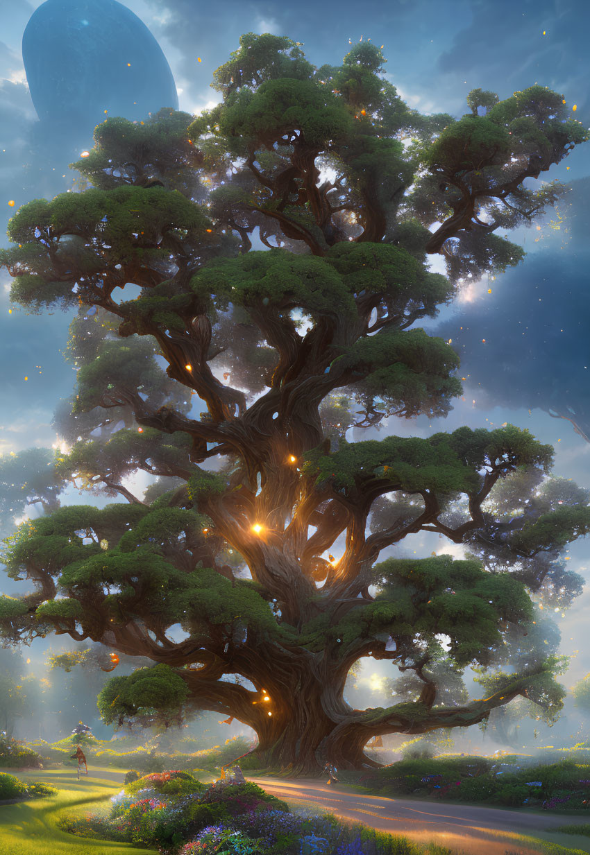 Majestic illuminated tree in ethereal landscape with distant planet visible