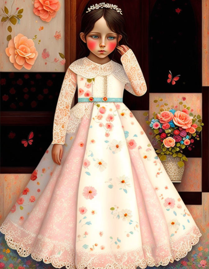 Digital Artwork: Young Girl in Vintage Floral Dress with Big Eyes