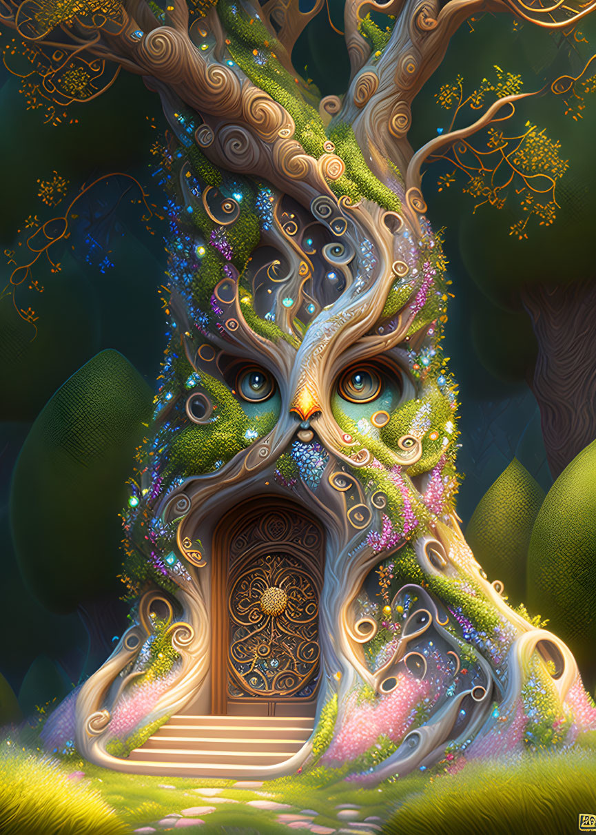 Enchanted tree with cat-like face, colorful flowers, glowing lights, detailed door, and steps