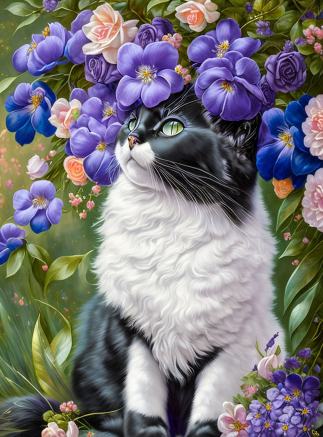 Realistic Black and White Cat Painting Among Purple and Pink Flowers