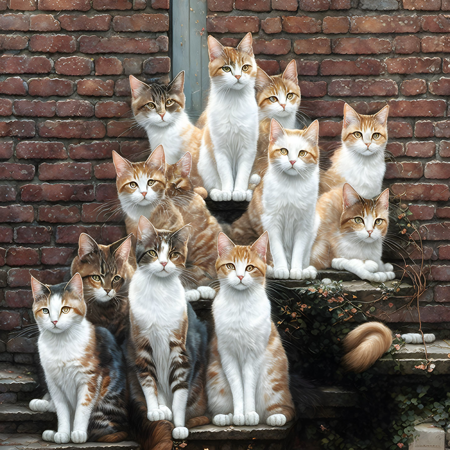 Striking amber-eyed cats with white and ginger fur in front of brick wall