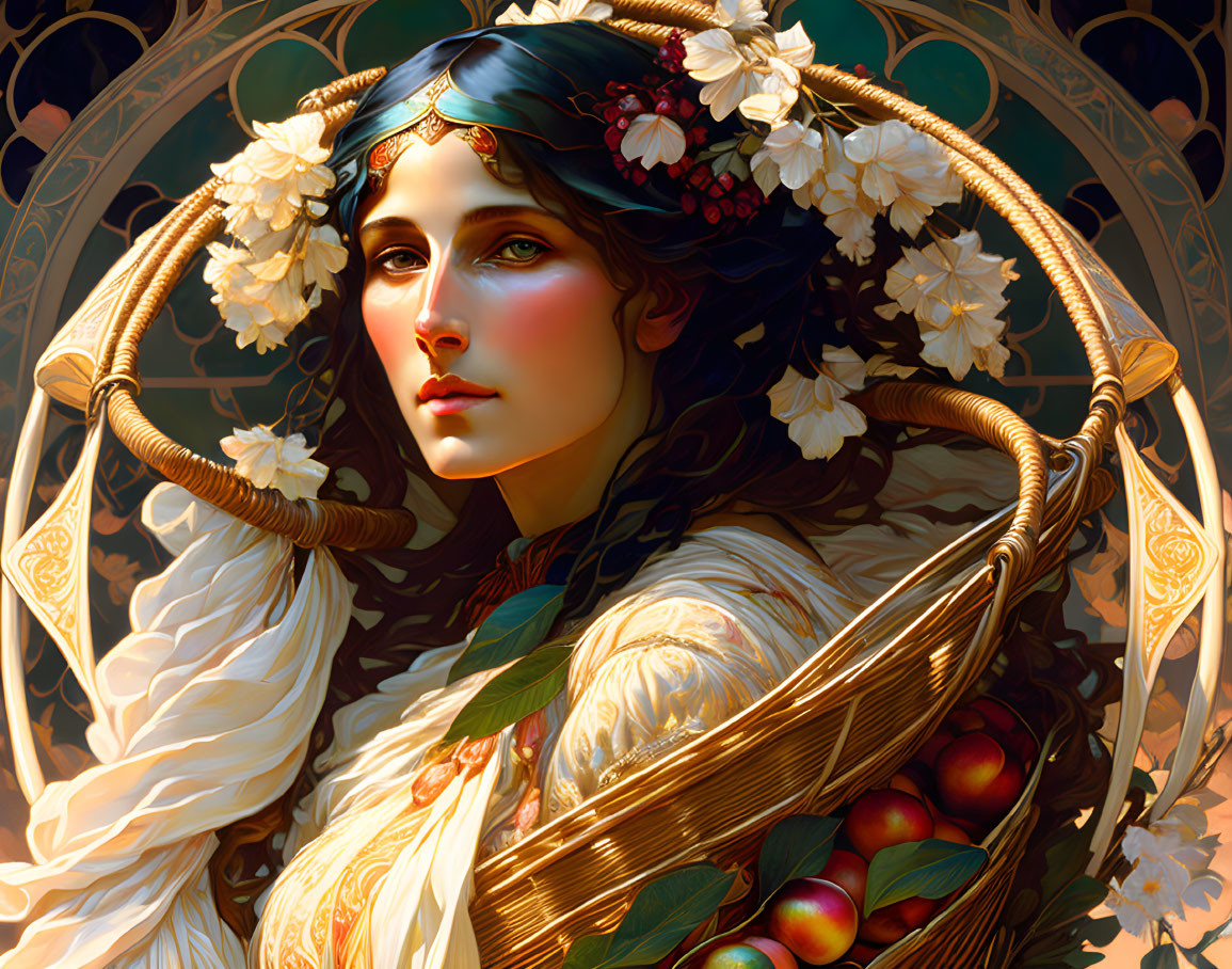 Detailed illustration: Woman with floral crown, basket of fruit, in Art Nouveau backdrop