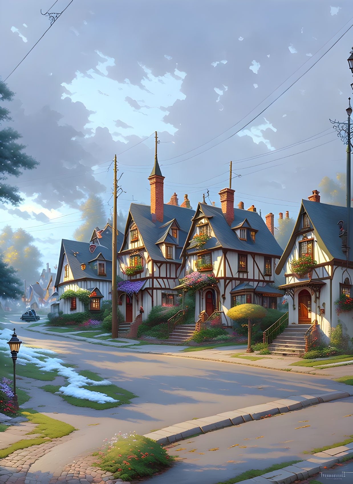 Tranquil Dusk Scene: Tudor-style houses, blooming vines, and lit windows under