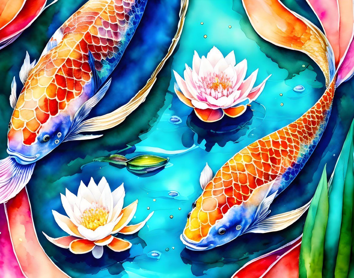 Colorful Watercolor Painting: Two Koi Fish and Pink Lotus Flowers