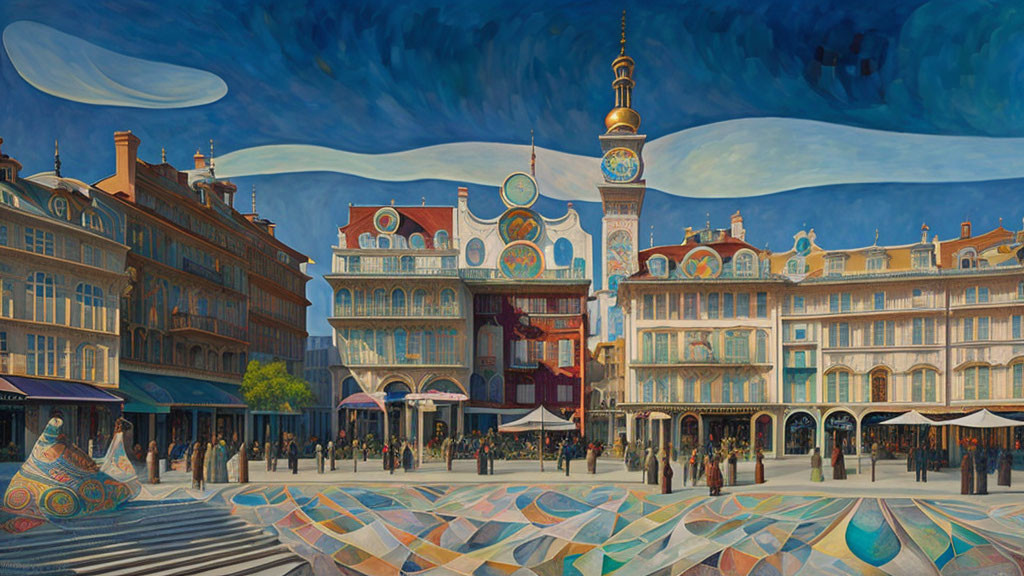 Colorful surrealist town square painting with clock tower and whimsical sky