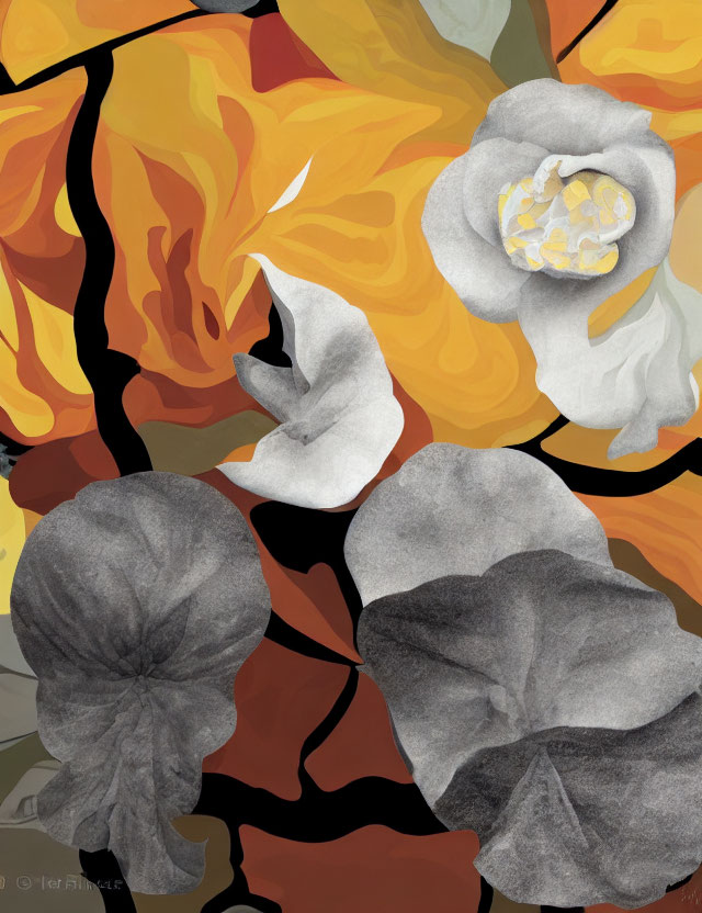 Colorful abstract floral art with orange and yellow flowers alongside grayscale blooms on a patterned backdrop