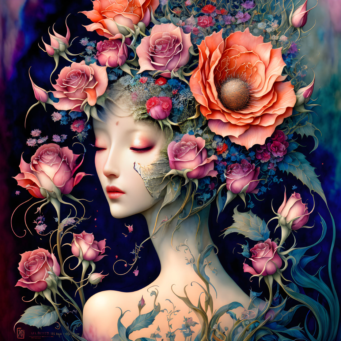 Digital artwork of woman with closed eyes, wearing floral crown, on mystical purple backdrop