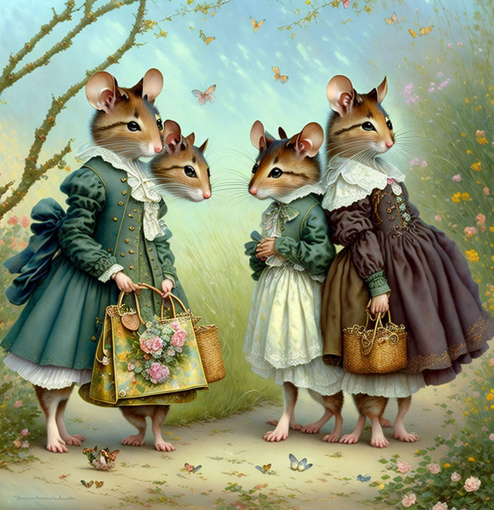 Anthropomorphic mice in elegant dresses in whimsical, flower-filled scene