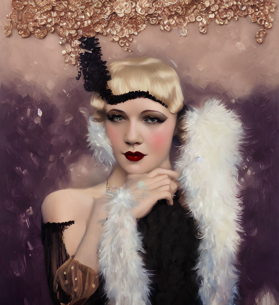 Portrait of Woman in 1920s Flapper Style with Headband and Feather Boa