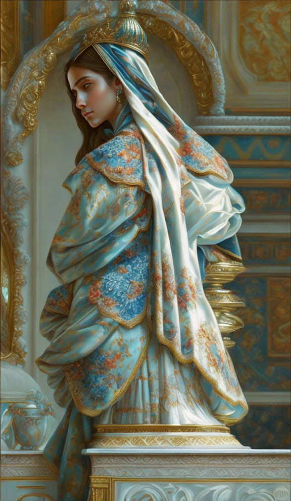 Woman in Blue and Gold Robe in Ornate Room