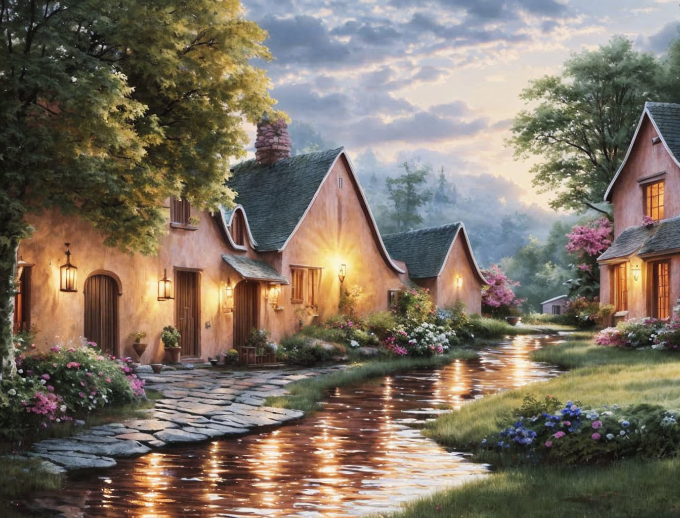 Picturesque village with cobblestone path, canal, glowing cottages, and lush flowers at twilight